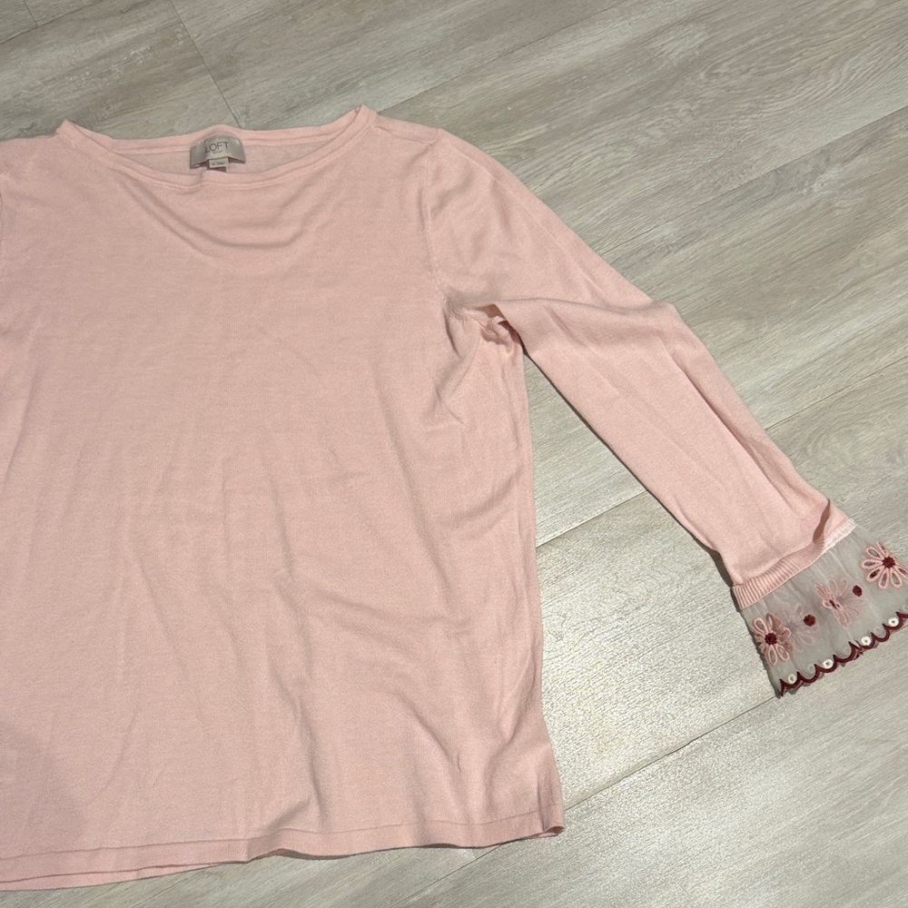 LOFT Light Pink Long Sleeve Top with Embroidered Cuffs